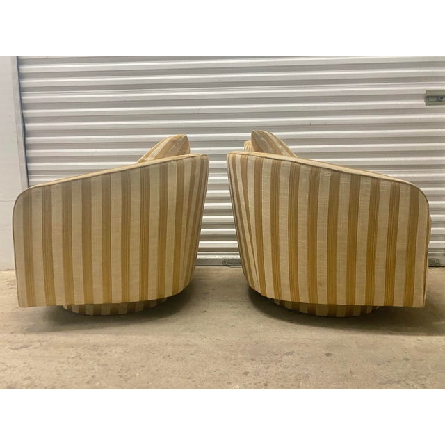 Textile Vintage Mid-Century Modern Swivel 80s Barrel Lounge Chairs Attributed Milo Baughman Set of Two . For Sale - Image 7 of 12