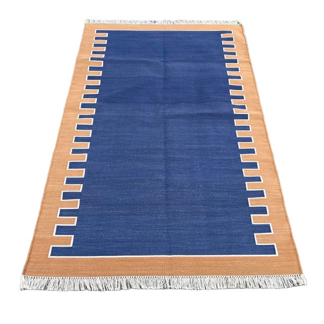 Not Yet Made - Made To Order Handmade Cotton Vegetable Dyed Blue, Cream and Tan Zig Zag Striped Rug-4'x6' For Sale - Image 9 of 11