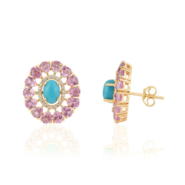 6.32ct Cabochon Turquoise Pink Sapphire & Diamond Floral Stud Earrings 14k Gold- A Pair For Sale - Image 4 of 13