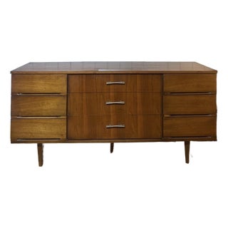 MCM Vintage Walnut Lowboy Dresser With 9 Drawers and Bow Tie Pulls For Sale