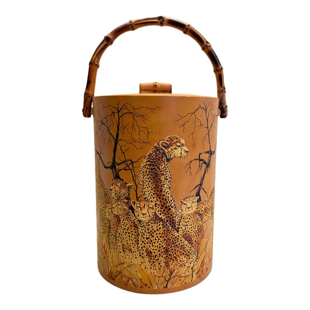 Vintage 1970s Abercrombie & Fitch Cheetah Print Ice Bucket With Faux Bamboo Handle – Retro Safari Home Decor For Sale