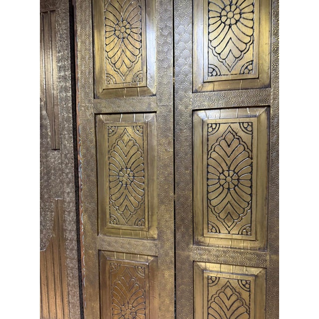 Vintage Hand-Hammered Brass-Clad Double Doors | Architectural Statement Pair 80x36 For Sale - Image 4 of 9