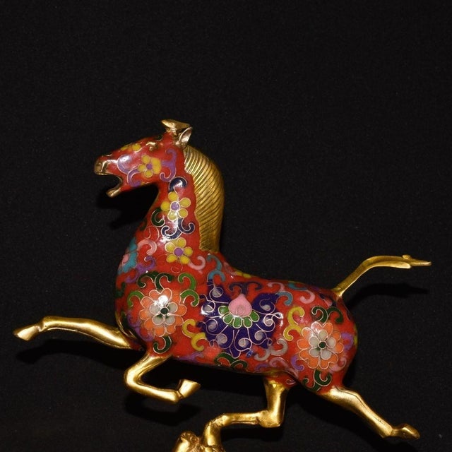 Red Late 19th Century Cloisonné Enamel Galloping Horse Statue on Swallow Base, 800g For Sale - Image 8 of 9
