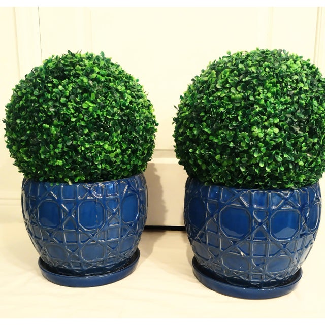 Huge Navy Blue Trellis Pattern Palm Beach Regency Glazed Ceramic Large