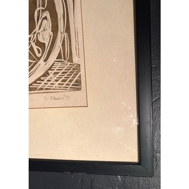 Cubism 1971 Cubist "Seated Woman" Woodcut Relief Print, Signed C. Olesen '71, Framed 23 X 27.5 For Sale - Image 3 of 8