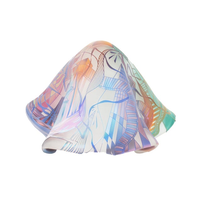 An art glass sculpture by the American glass artist Stephen Hodder (born 1951). In blues, greens and purples, this satin...