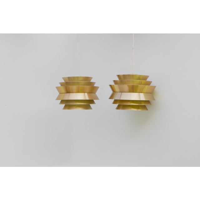 Brass Colored Metal Pendant Trava Lamps by Carl Thore, Sweden from Granhaga Metallindustri, 1960s, Set of 2 For Sale - Image 11 of 14