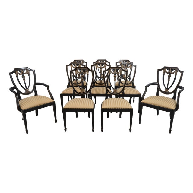 Set of 10 Henkel Harris Black Finish Hepplewhite Dining Room Chairs For Sale