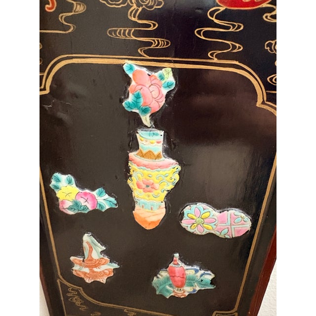 Chinoiserie Chinese Lacquer Wall Panel With Polychrome Relief Motifs — 7" X 30" For Sale - Image 3 of 6