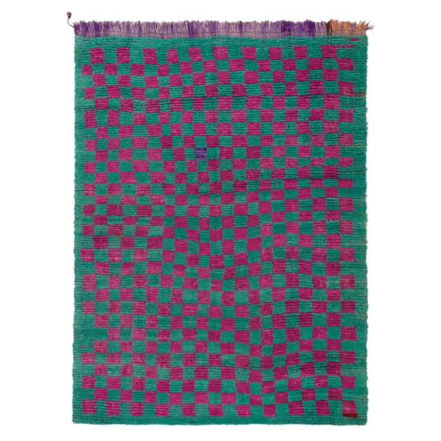 Vintage Tulu Rug in Turquoise, Magenta Geometric Chessboard Pattern For Sale In New York - Image 6 of 6