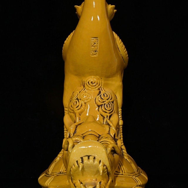 Late 20th Century Pair of Large Chinese Yellow Glazed Porcelain Turtle & Crane Candlesticks For Sale - Image 5 of 9