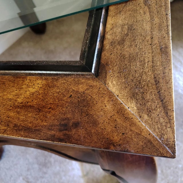 1970s Baker Ming Style Glass Top Wood Side Table With Chow Legs For Sale - Image 5 of 7