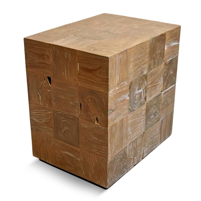 Wood Washed Teak Cube Side Table For Sale - Image 7 of 11