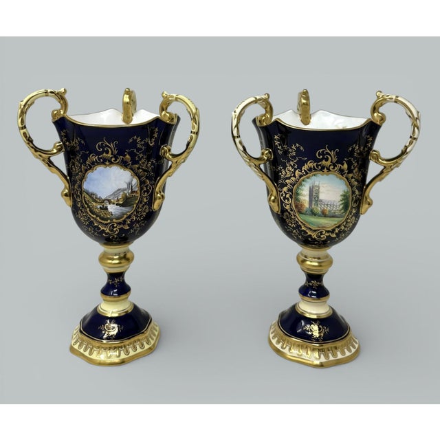 Antique Pair English Coalport Three Handle Loving Trophy Cups Porcelain Urns For Sale - Image 14 of 18