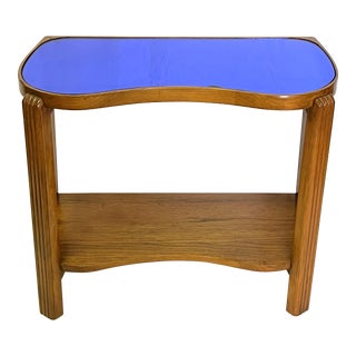 1930's Art Deco Kidney Shaped Side Table With Cobalt Blue Mirror Glass and Walnut Frame For Sale