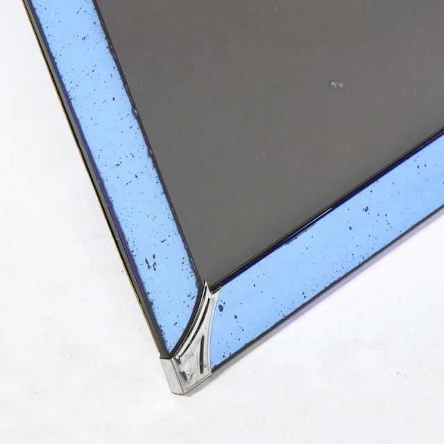 Art Deco Picture Frame in Blue Glass W/ Beveled Detailing & Chrome Corners For Sale - Image 11 of 12