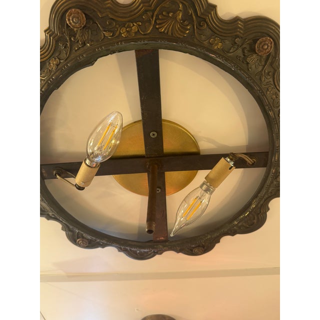 Early 1900’s Steuben Calcite Flushmount With Acid Cut Iridescent Shade Supported by Cast Brass Hardware For Sale In Milwaukee - Image 6 of 6