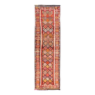 Multicolored Midcentury Turkish Kurdish Oushak Runner With Diamonds and Stars 2'9 X 9'10 For Sale