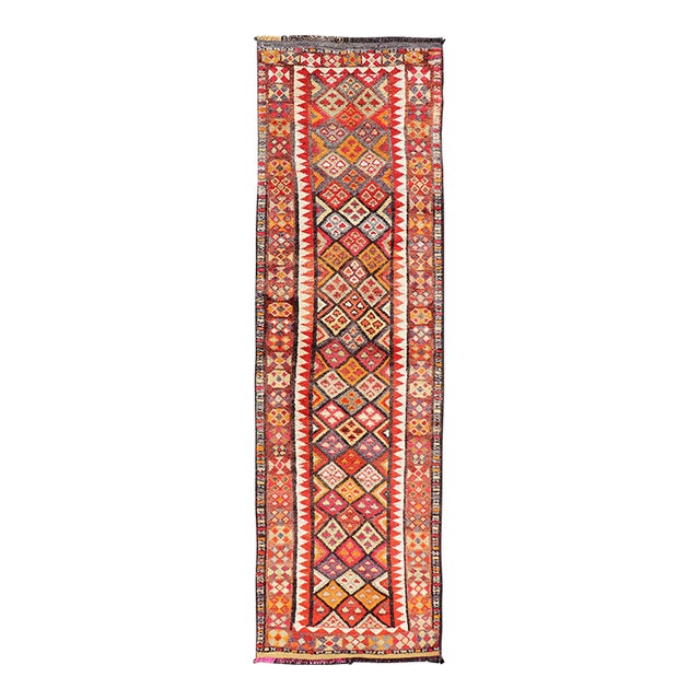 Multicolored Midcentury Turkish Kurdish Oushak Runner With Diamonds and Stars 2'9 X 9'10 For Sale