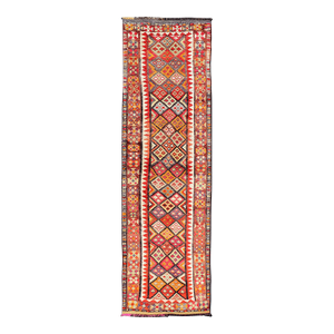 Multicolored Midcentury Turkish Kurdish Oushak Runner With Diamonds and Stars 2'9 X 9'10
