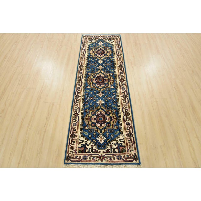 Farmhouse Heriz Runner 2’7” X 7’6” Blue Wool Tribal Hand-Knotted Oriental Rug For Sale - Image 3 of 12