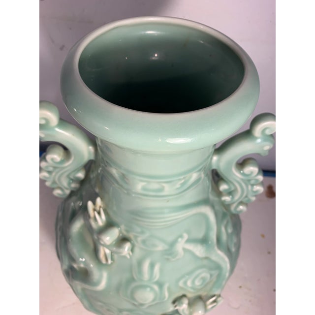 1970s Vintage Large Celadon Dragon Urn/Vase With Peacock Handles For Sale - Image 4 of 10