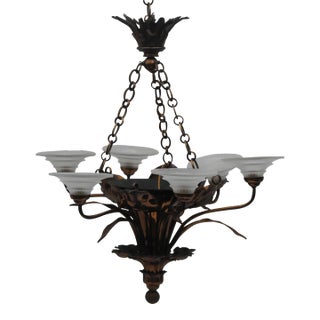 1920's Grand French Art Deco Nenuphar Bronze Floral Form Chandelier For Sale