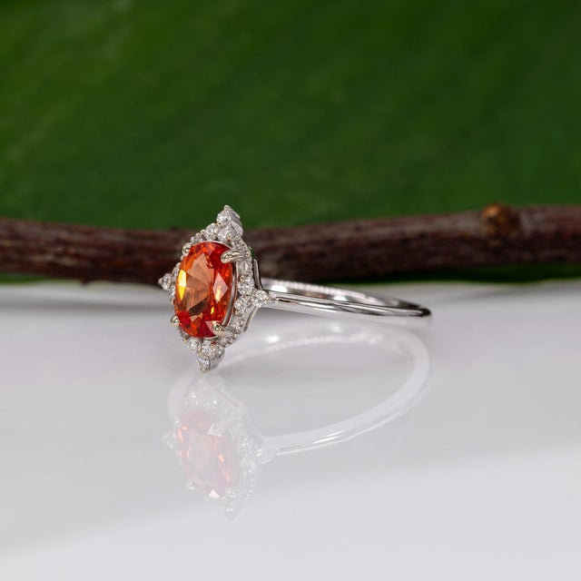 Metal Padparadscha Sapphire Halo Ring With Natural Diamond Accents in Solid 14k Gold, Size 6.75 For Sale - Image 7 of 10