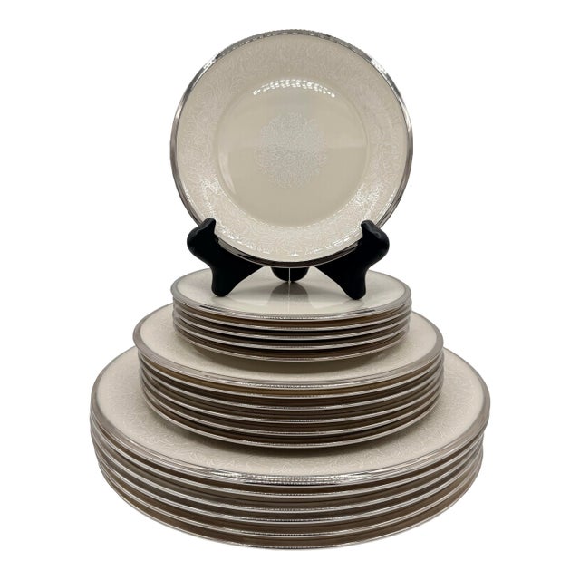 Vintage Lenox Moonspun Ivory & Platinum Dinnerware, Service for 6, Set of 18 For Sale