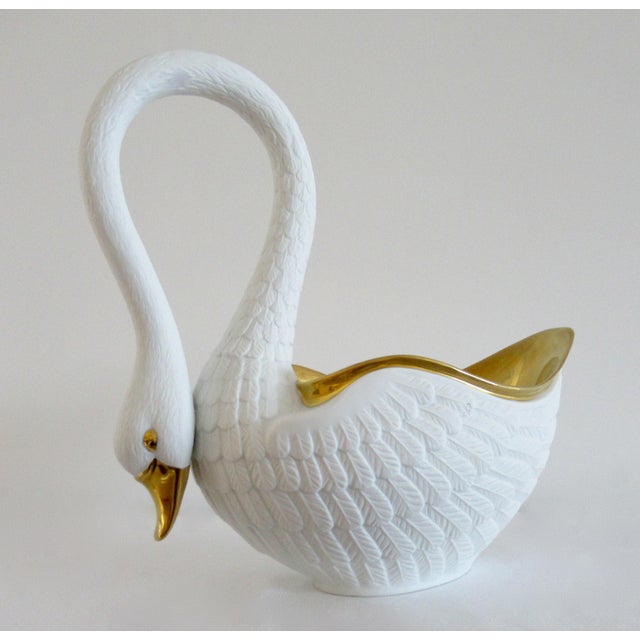 Traditional L''Objet (Portugal) Hand-Made Majolica Porcelain Large Swan With Gilded 24k.Gold Accent Center Piece For Sale - Image 3 of 12