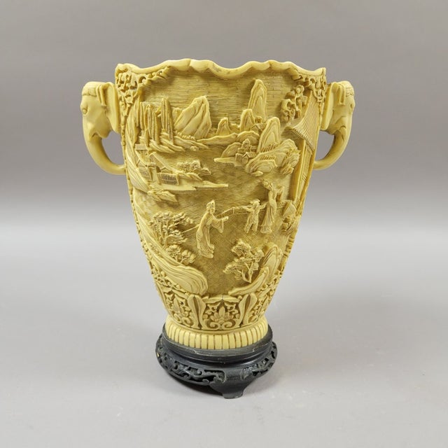 Hollywood Regency Chinoiserie Carved Italian Faux Ivory Vase With Elephant Handles For Sale In Raleigh - Image 6 of 10