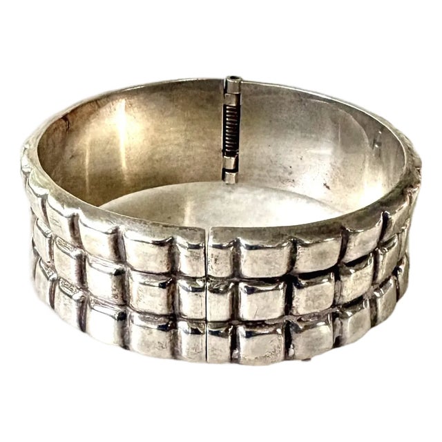 1980s Sterling Silver, Large Solid Mexican Taxco Hinged Cuff Bracelet For Sale