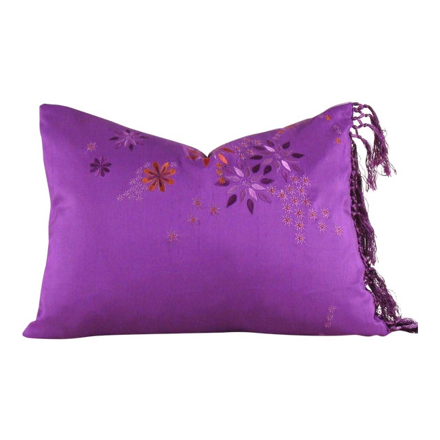 Fringed Embroidered Floral Silk Lumbar Pillow Cover Chairish