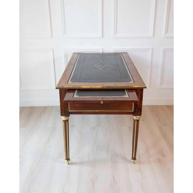 Mid 20th Century Louis XVI-Style Double-Sided Wood and Brass Bureau Plat with Leather Top For Sale - Image 5 of 13