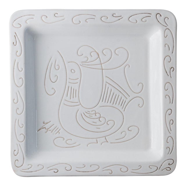 Vintage Ceramic Plate in White Ceramic with Etched Rooster Motif Relief, 1960s For Sale