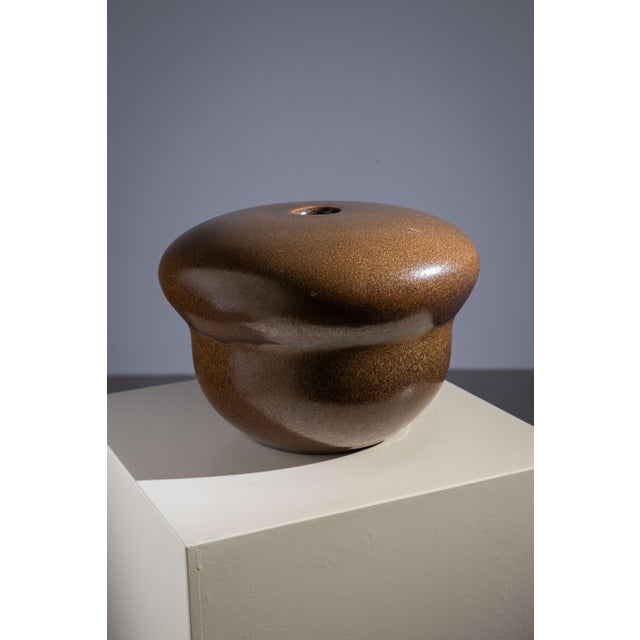This unique ceramic vase features a softly rounded, organic silhouette with a high-gloss, earth-toned glaze that shifts...