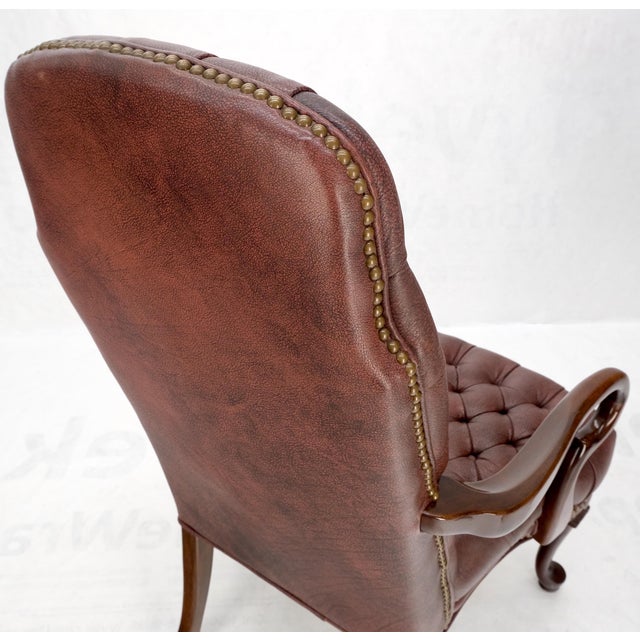 Pair Burgundy Leather Queen Anne Tufted Upholstery Walnut Armchairs MINT For Sale - Image 16 of 17