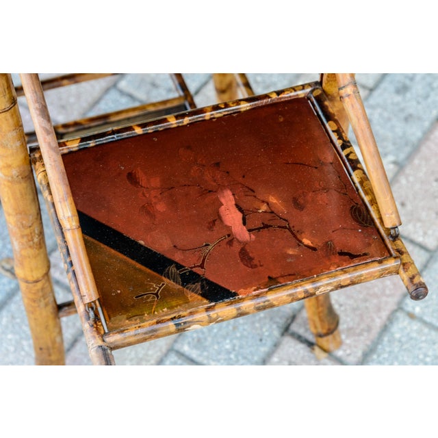 French Tiger Bamboo Chinoiserie Tea Table With Folding Shelves For Sale - Image 4 of 11
