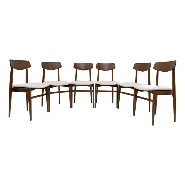 Walnut-Stained Beech and Bouclè Fabric Dining Chairs, Denmark, 1960s, Set of 6 For Sale