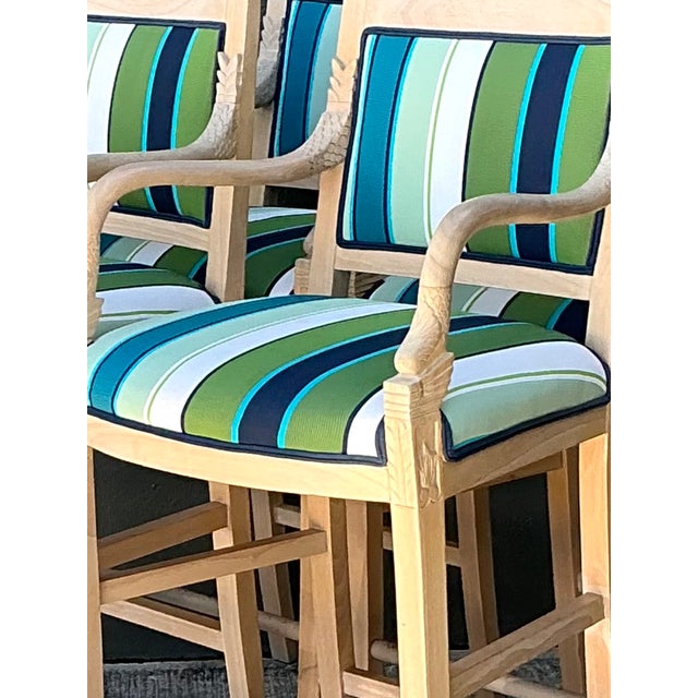 Wood Vintage Carved Dolphin and Fabric Bar Stools - Set of 4 For Sale - Image 7 of 12