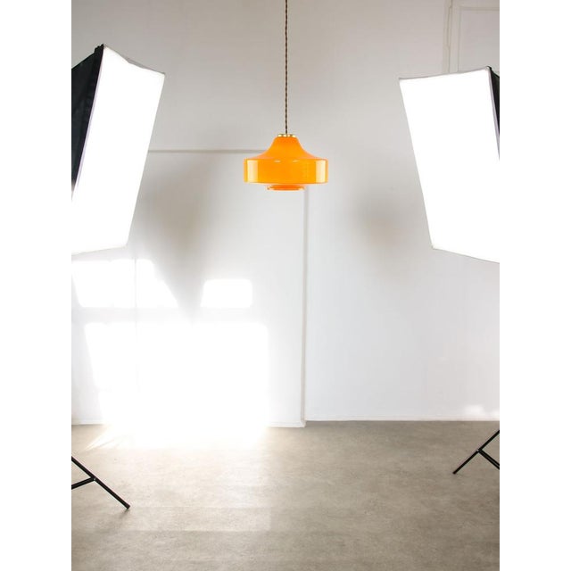 Metal Mid-Century Modern Italian Pendant Lamp in Orange Glass and Brass For Sale - Image 7 of 18
