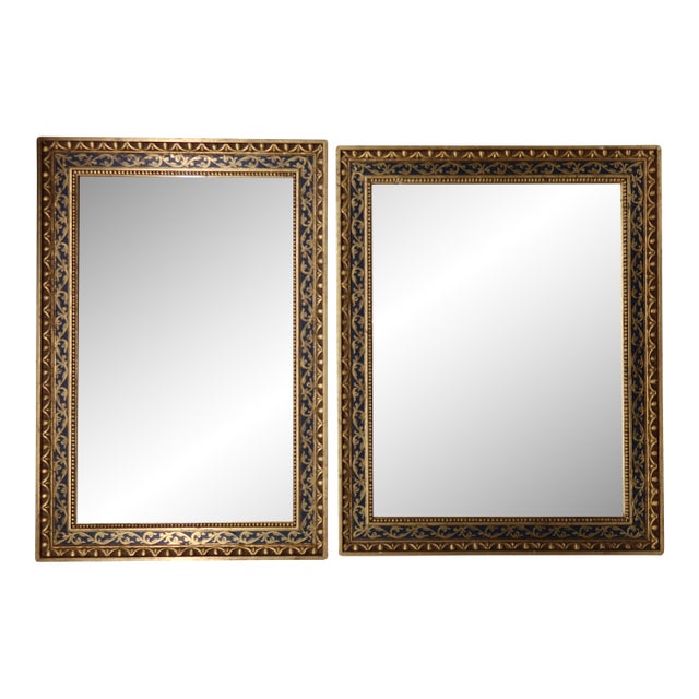 Near Pair of Vintage French Mirrors — Napoleon III Inspired, Navy and Gilt Scrollwork, Mid 20th Century For Sale