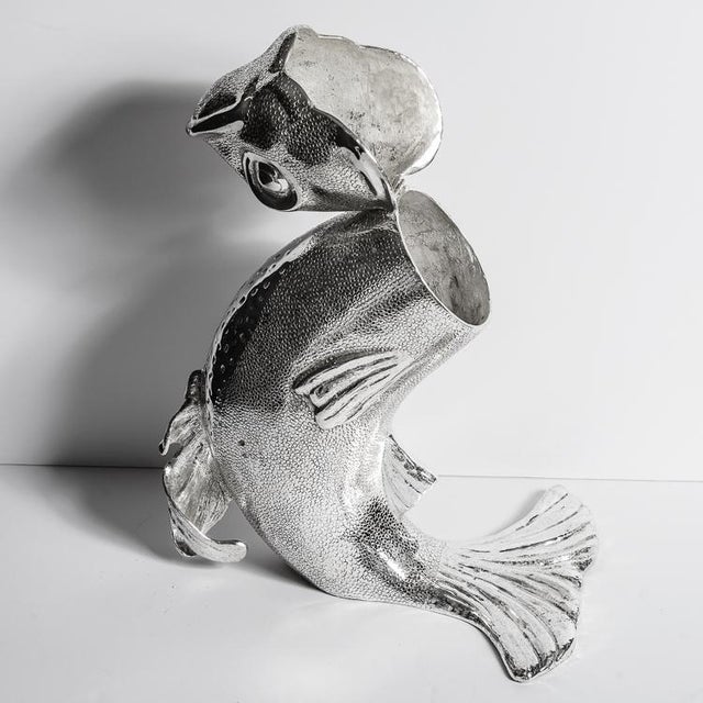 Hollywood Regency 1970s Silver Fish Ice Bottle Cooler, Huge, Italian Silver Plate For Sale - Image 3 of 15