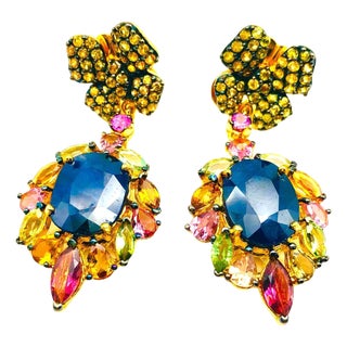 Bochic "Orient" Vintage Sapphire & Yellow Sapphire Earrings 18K Gold & Silver For Sale