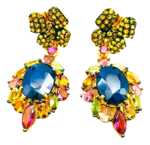 Bochic "Orient" Vintage Sapphire & Yellow Sapphire Earrings 18K Gold & Silver