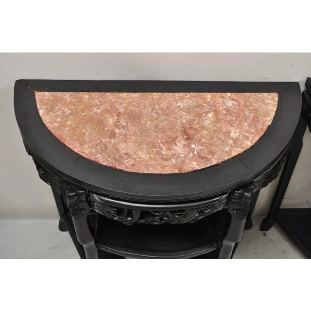Chinoiserie Vintage Chinese Chinoiserie Black Demilune Pink Marble Console Table - A Pair For Sale - Image 3 of 11