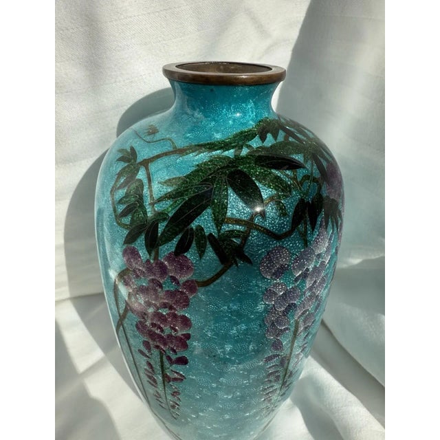 Late 19th Century Japanese Cloisonne Enamel Vase Wisteria Ice Blue Ground 7 in Antique Meiji Era For Sale - Image 5 of 14