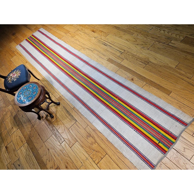 Vintage American Rag Runner, Handwoven Wool & Cotton, Stripe Pattern, 3x14 For Sale In Chicago - Image 6 of 14