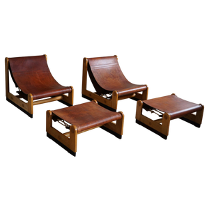Italian Modern Lounge Chairs and Ottomans in Leather and Elm by Francesco Lucianetti, 1960s, Set of 4