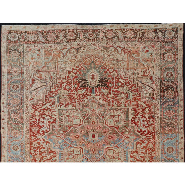 Antique Persian Heriz Rug With Central Medallion in Red and Blue 9'7 X 12'10 For Sale - Image 10 of 16